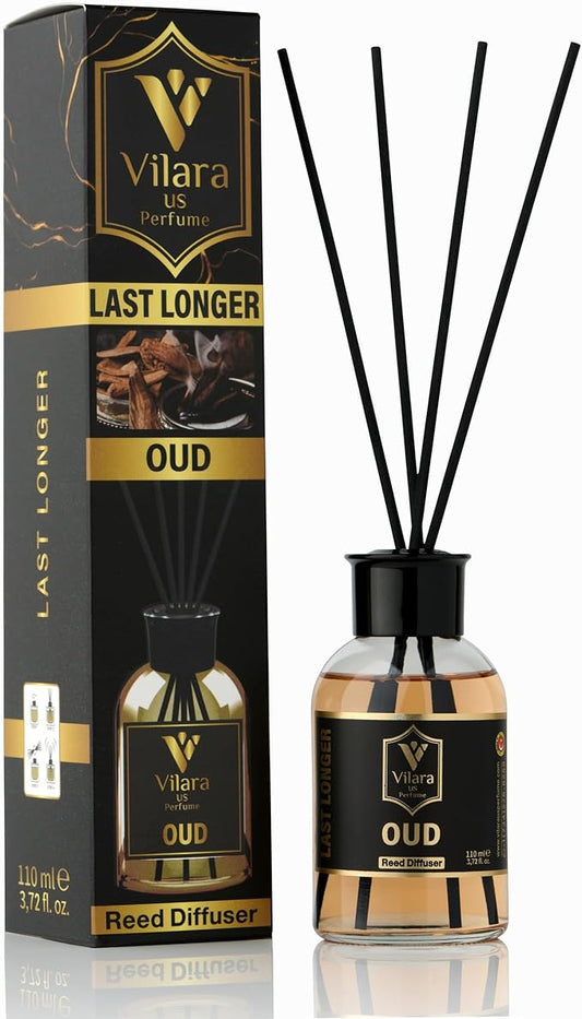 Oud Diffuser Set with Sticks - Reed Diffuser for Bathroom, Bedroom, Office, Living Room - Woody Aromatics for Home Aromatherapy - Luxury Fragrance Sticks Diffuser Set - 3.72 fl oz