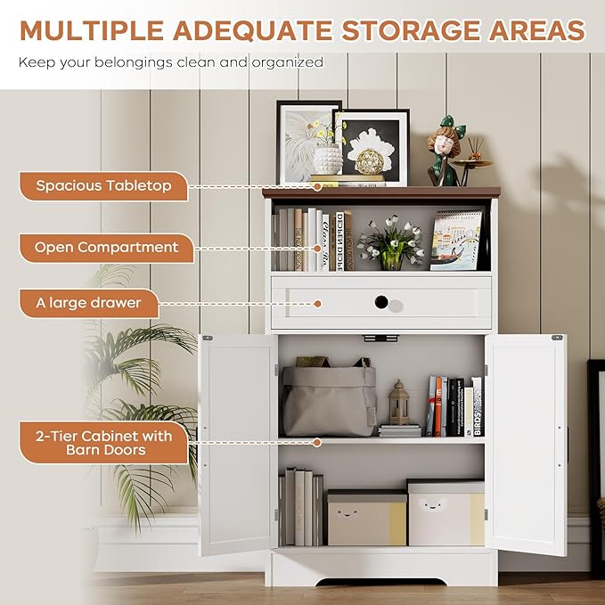 White Floor Cabinet, Farmhouse Storage Cabinet with Barn Doors and Drawer, Freestanding Adjustable Shelf Cabinets for Bathroom, Kitchen, Living Room