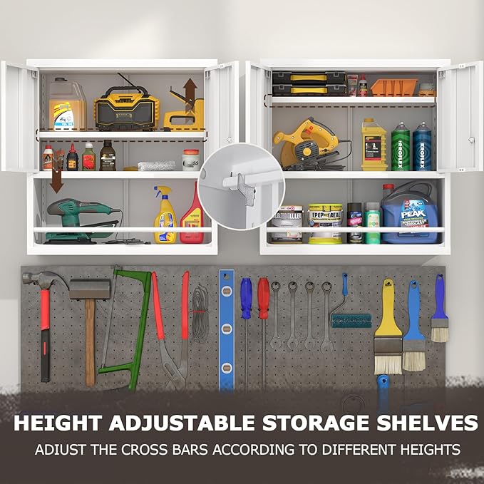 LUCYPAL Metal Wall Cabinet,Garage Wall Mounted Cabinets with Adjustable Shelf and Doors,Steel Hanging Cabinet with Open Storage for Home Office,Bathroom,Kitchen,White