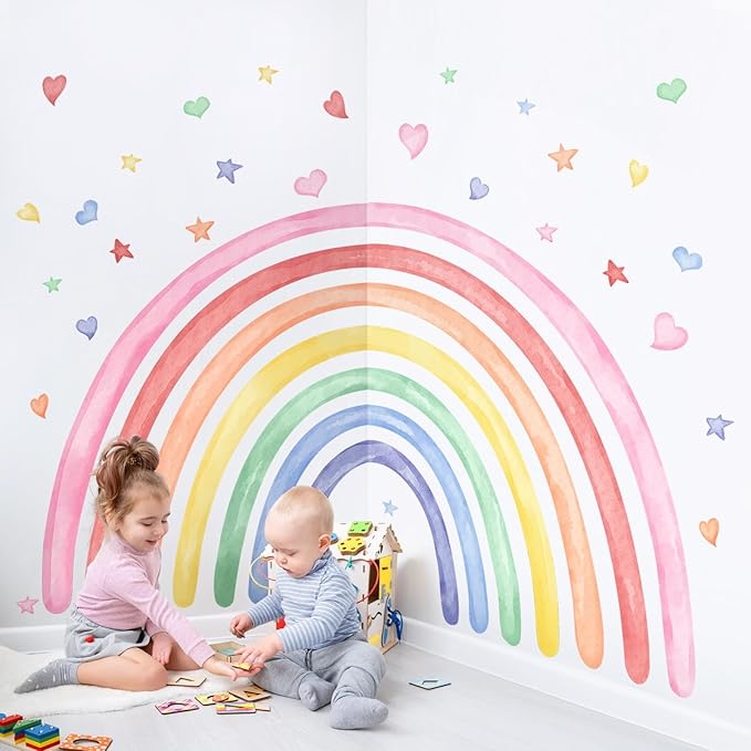 77" x 47" Large Rainbow Wall Decals Stickers for Girls Nursery Peel and Stick Watercolor Rainbow Hearts Stars Vinyl Wall Mural Art for Kids Toddlers Bedroom Playroom Classroom