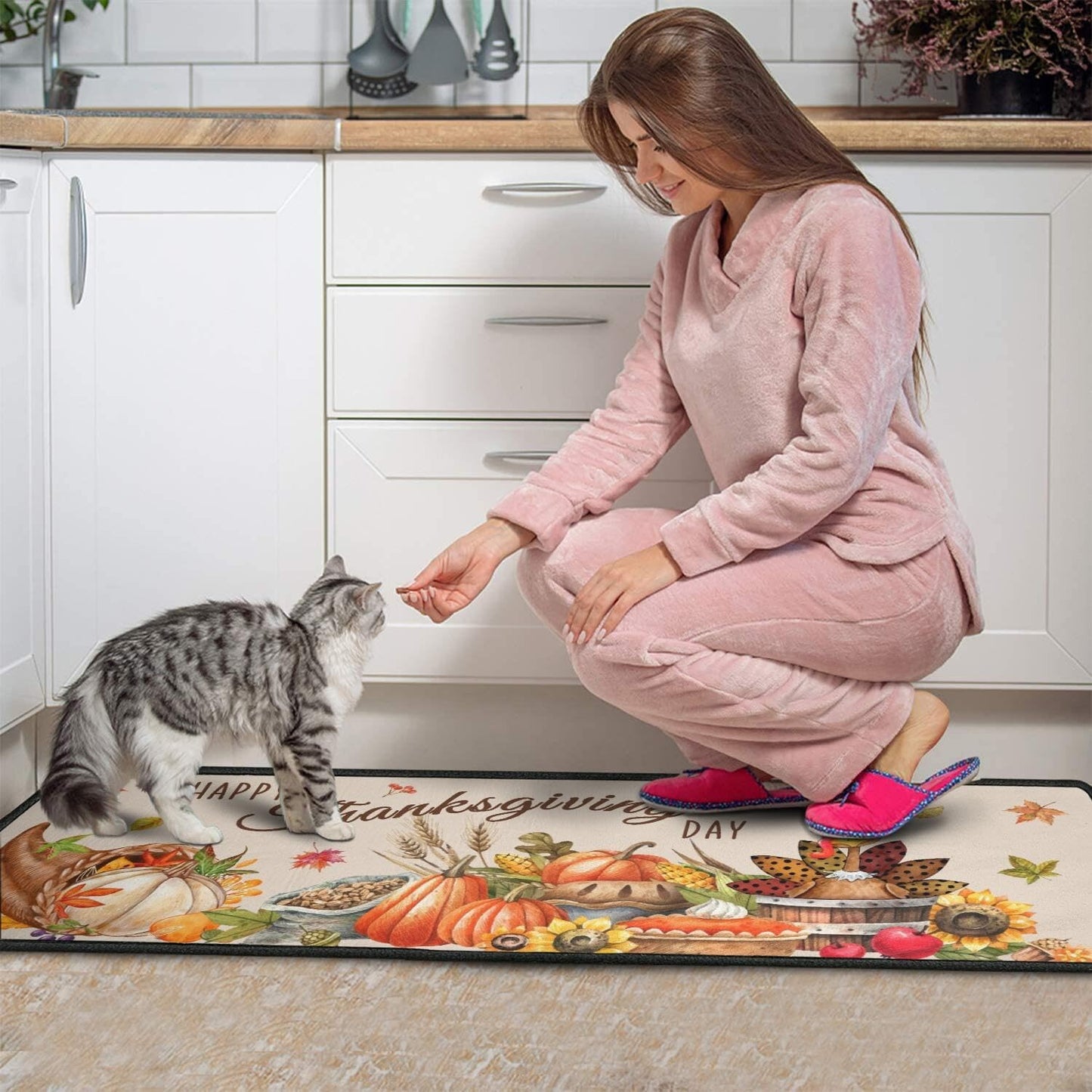 2 Piece Thanksgiving Kitchen Decor Rugs Set,Fall Kitchen Rugs and Mats Non Skid Washable Absorbent Kitchen Accessories Decoration Floor Mats 17"x47"+17"x30"