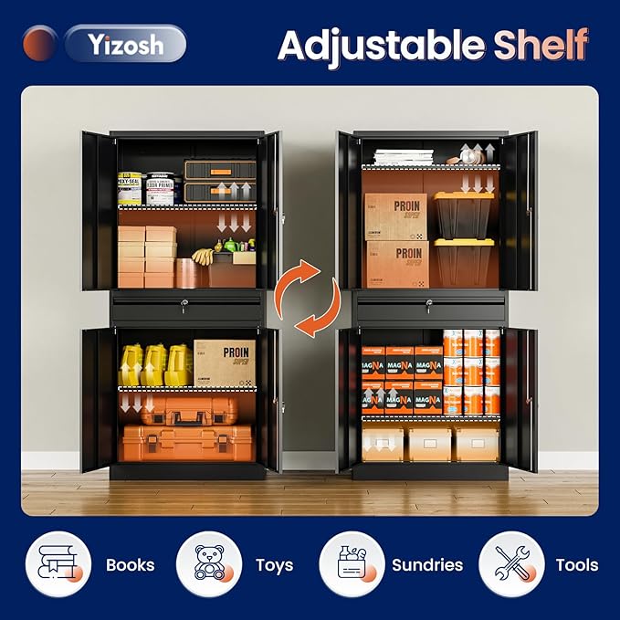 Yizosh Metal Garage Storage Cabinet with Locking Doors and Adjustable Shelves, 71" Tool Storage Cabinet with 1 Drawer for Garage,Warehouse (Black)