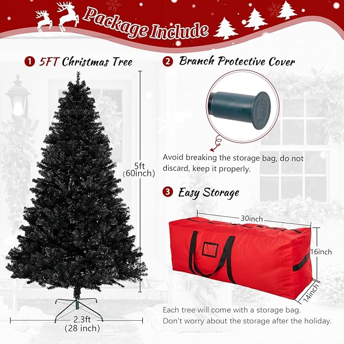 5ft Artificial Christmas Tree, Arbol de Navidad with 600 Branch Tips, Fake Christmas Tree, Premium Spruce Xmas Tree with Fold-Able Metal Base Stand-Black