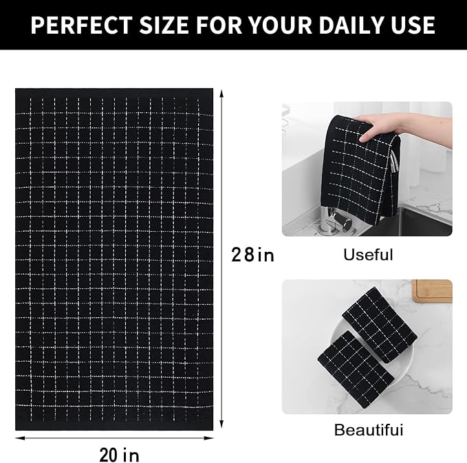 Homaxy 100% Cotton Terry Kitchen Towels(Black, 20 x 28 inches), Checkered Designed, Soft and Super Absorbent Dish Towels, Large 4 Pack
