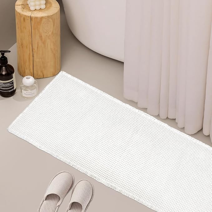 ZALL Waffle Bath Mat White Super Absorbent Non Slip Bathroom Rug 24X60inch,Machine Washable Ultra Soft Floor Mats