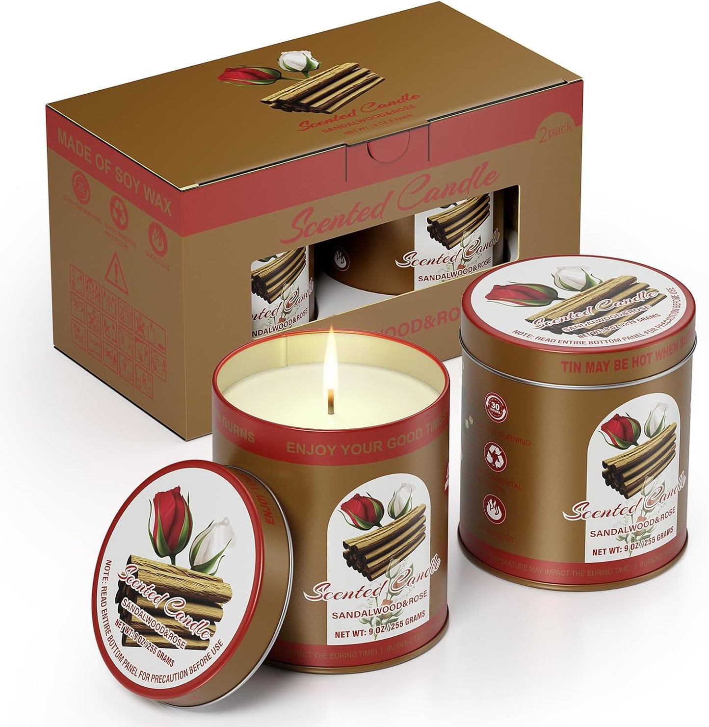 Sandalwood & Rose Scented Candles Gift Set | 2 Pack,8% Essential Oils,80-Hour Clean Burn Smoke-Free | Tin Jar Soy Wax Aromatherapy Candles Relaxation Meditation for Home Birthday Gifts for Men & Women
