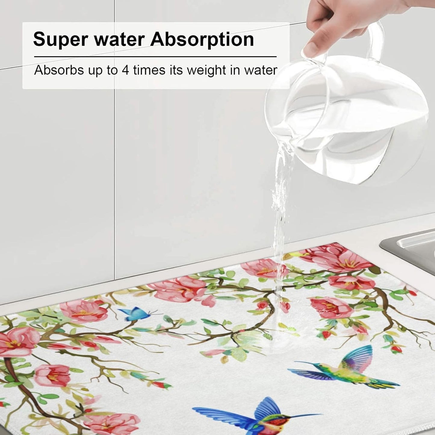 Hummingbird Butterfly Magnolia Dish Drying Mat 18x24 For Kitchen Counter Absorbent Microfiber Dishes Pad Dish Drainer Rack Mats Fast Dry Kitchen Accessories