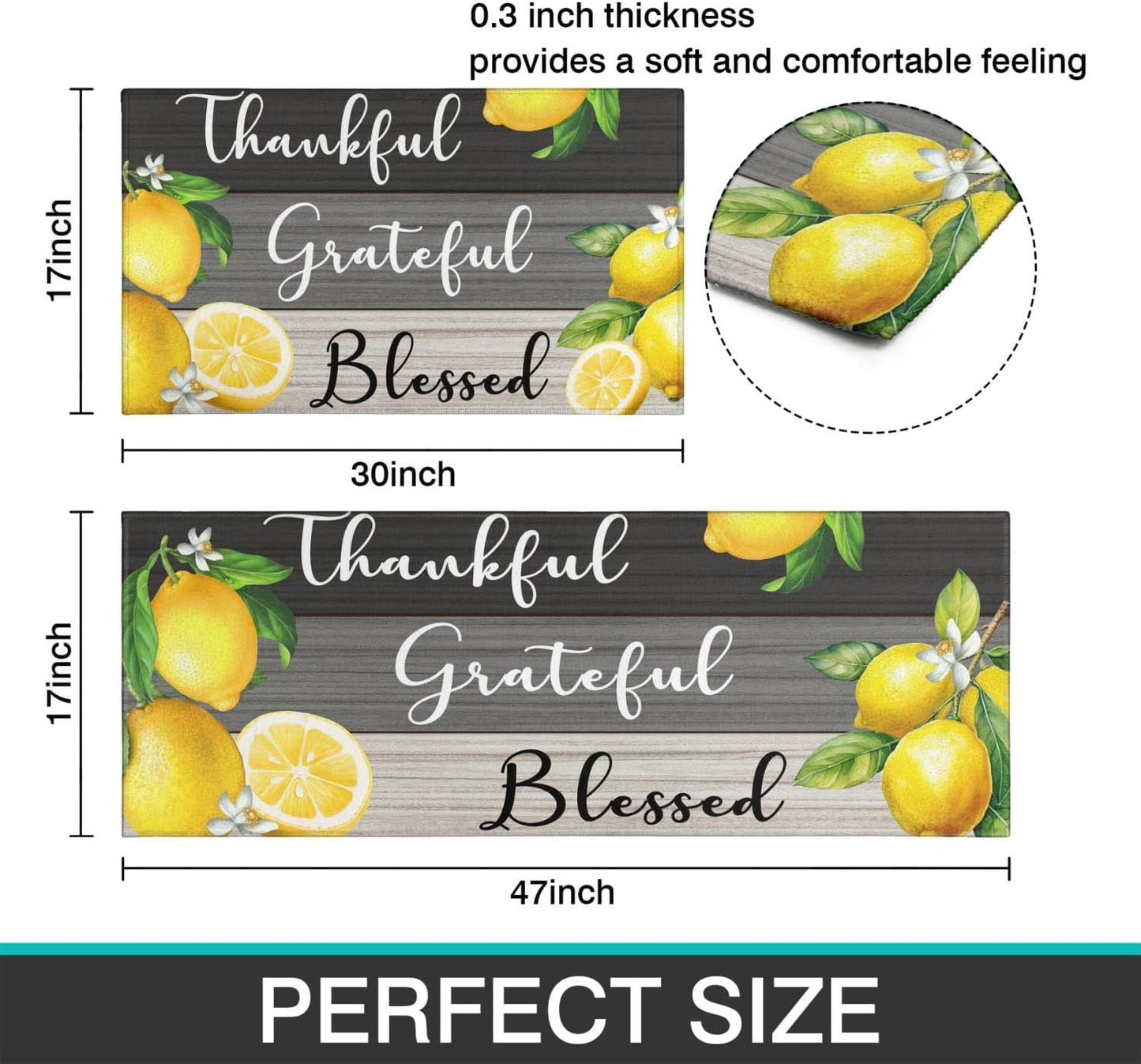 2 Piece Lemon Kitchen Decor Rugs Set, Farmhouse Country Kitchen Rugs and Mats Non Skid Washable Absorbent Microfiber Kitchen Accessories Decoration Floor Mats 17"x47"+17"x30"