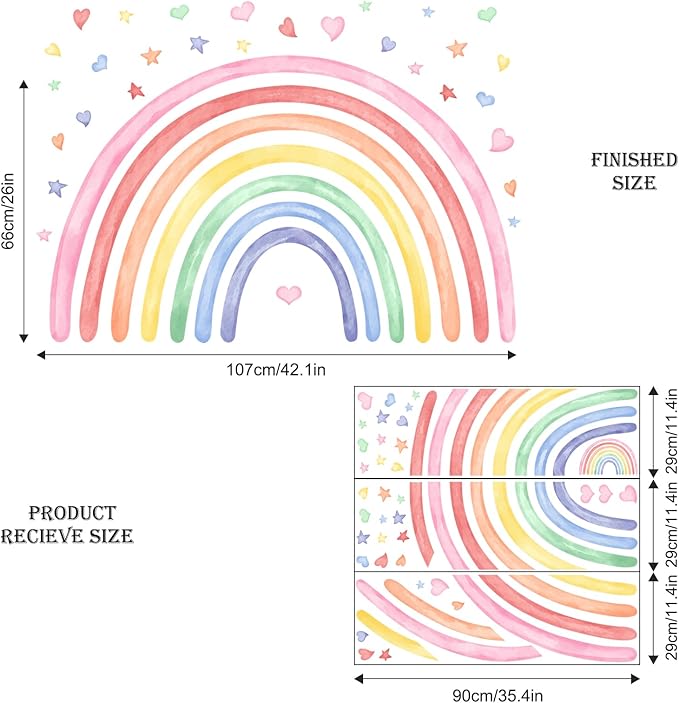 42" x 26" Rainbow Wall Decals Stickers for Girls Nursery Peel and Stick Watercolor Rainbow Hearts Stars Vinyl Wall Mural for Kids Toddlers Bedroom Playroom Classroom
