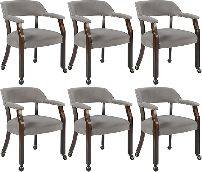 MODERION Dinning Chairs with Wheels and Arms Set of 6, Solid Wood Office Desk Chairs with Frosted Velvet Upholstered, Classic Swivel Accent Chairs, 31.5" H Boss Caption's Chair, Warm Grey XXY-HT22-TP