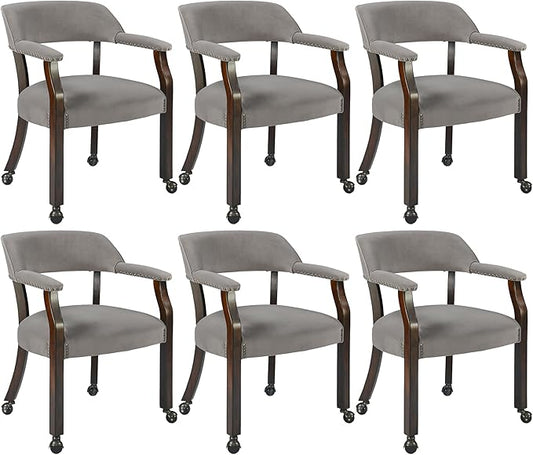 MODERION Dinning Chairs with Wheels and Arms Set of 6, Solid Wood Office Desk Chairs with Frosted Velvet Upholstered, Classic Swivel Accent Chairs, 31.5" H Boss Caption's Chair, Warm Grey XXY-HT22-TP