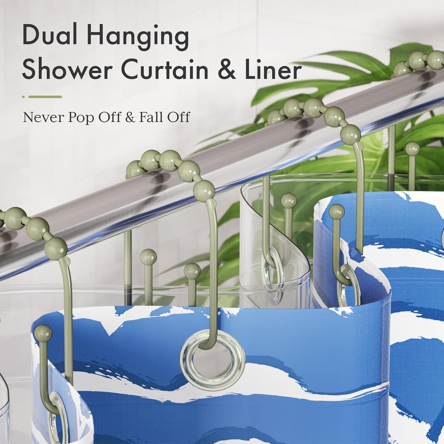 AmazerBath Sage Green Shower Curtain Hooks - Rust Proof Non-Slip Double Hooks for Curtains, Sturdy Metal Rings 12Pcs