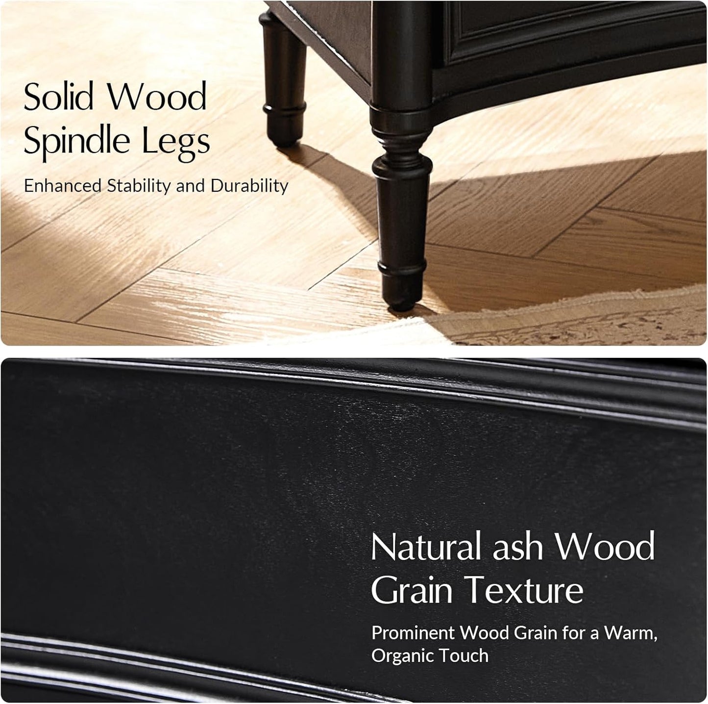 HULALA HOME 3 Drawer Nightstands Set of 2 with Charging Station, 26" Wide Nightstands with Solid Wood Legs and Curved Profile, Classic Bedside Tables for Living Room Bedroom, Black