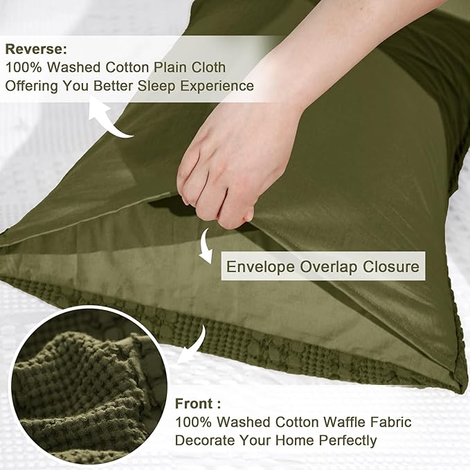 PHF 100% Cotton Waffle Pillow Shams Queen Size, 2 Pack 20" x 30" Soft Skin-Friendly Pillowcases, No Filling, Aesthetic Woven and Breathable Waffle Weave Pillow Case Covers for Bed, Capulet Olive