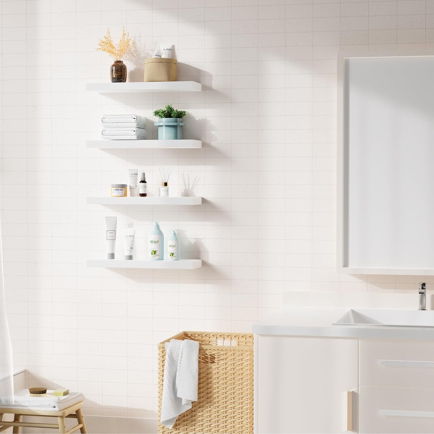 Bellsal Floating Shelves for Wall, White Engineered Wood Wall Shelf Set of 4, 16" Wall Mounted Floating Shelf for Kitchen, Living Room, Bedroom, Bathroom Storage, Book Shelf for Walls Home Decor