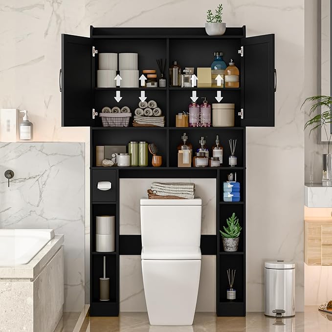 Over The Toilet Storage Cabinet, Farmhouse Toilet Cabinet Rack with Barn Doors, Space Saving Bathroom Organizer with Shelves, Toilet Paper Holder and Towel Rack for Bathroom,Laundry Pure Black