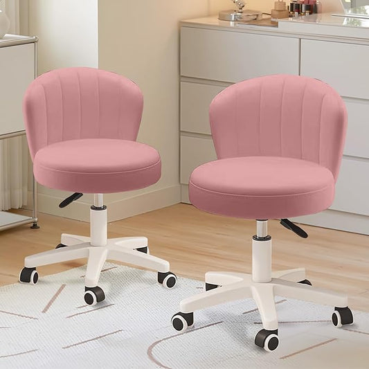 Small Desk Chair Round Rolling Chair with Back PU Leather Height Adjustable Swivel Vanity Work Computer Stool Chair for Home Office Bedroom, Set of 2
