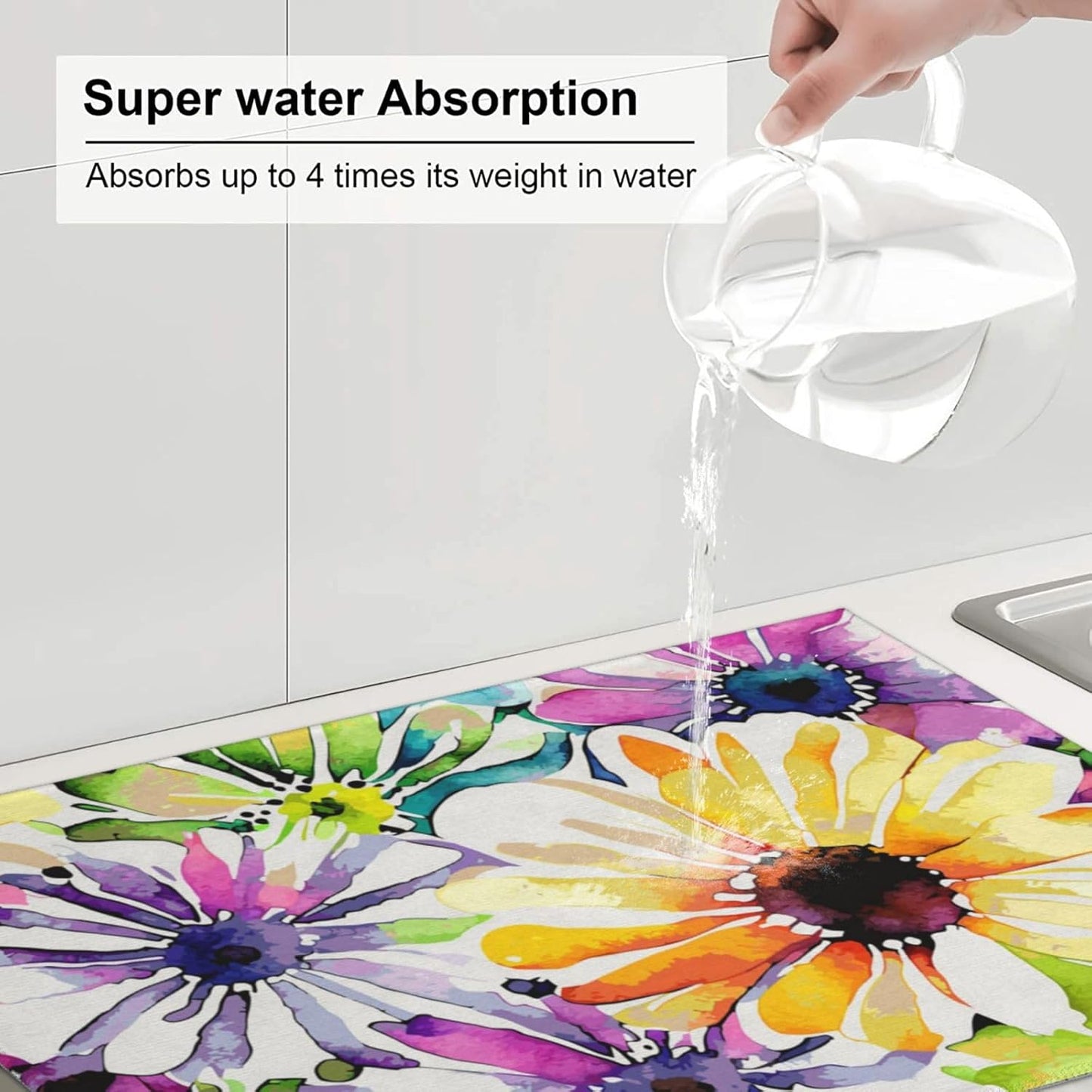 Absorbent Dish Drying Mat For Kitchen Counter, Colorful Flowers Microfiber Dish Drying Pad, Kitchen Gadgets For Easy Clean Multi-Use