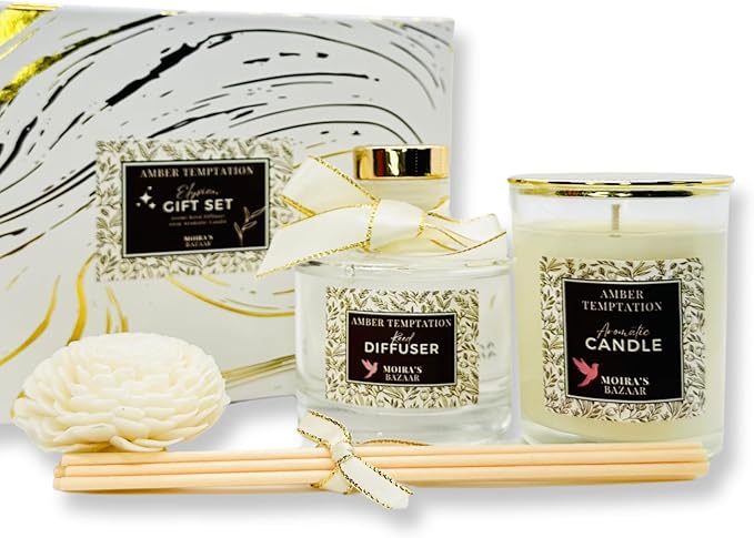 Moira's Bazaar Elysian Essence Aromatherapy Gift Set – Luxury Candle and Flower Reed Diffuser – Perfect Scented Gift for Thanksgiving & Christmas, Gifts for Women (Amber Temptation)