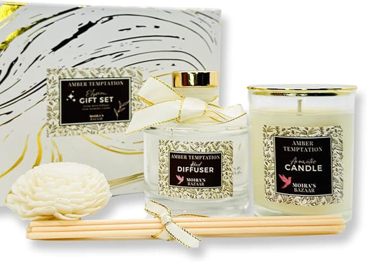 Moira's Bazaar Elysian Essence Aromatherapy Gift Set – Luxury Candle and Flower Reed Diffuser – Perfect Scented Gift for Thanksgiving & Christmas, Gifts for Women (Amber Temptation)