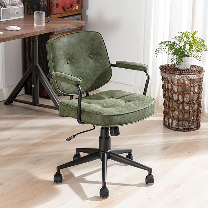 LukeAlon Adjustable Pu Leather Tiltable Office Chair, Comfy 360°Swivel Task Chair with Armrest Modern Thickened Seat Desk Chair with Button Tufted for Home Office, Green