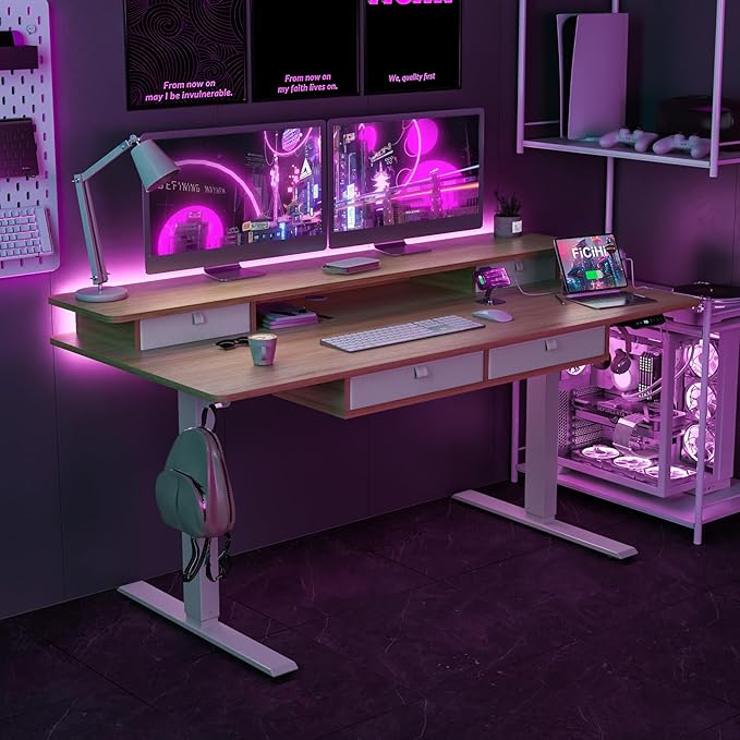 Adjustable Height Standing Desk with 4 Drawers,63 x 30 inches Electric Sit Stand Home Office Desk with Two Tiers, 3 Memory Presets, Monitor Stand Riser, USB A/C Charging Port