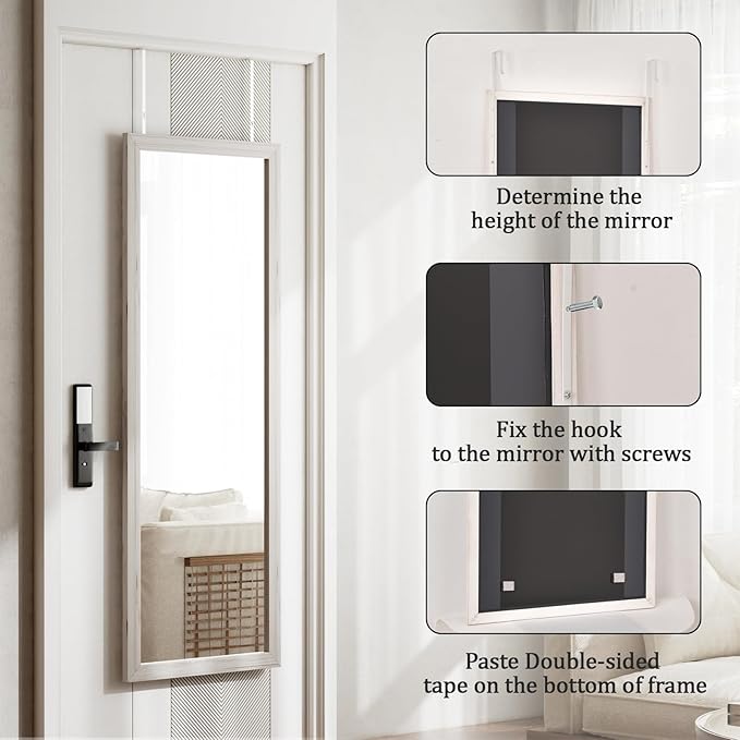 18x48 inch Over Door Mirror Wooden Frame, Full Length Hanging Mirror with Durable and Space-Saving Design for Bedroom, Bathroom, or Closet, Adjustable Height Hooks, White