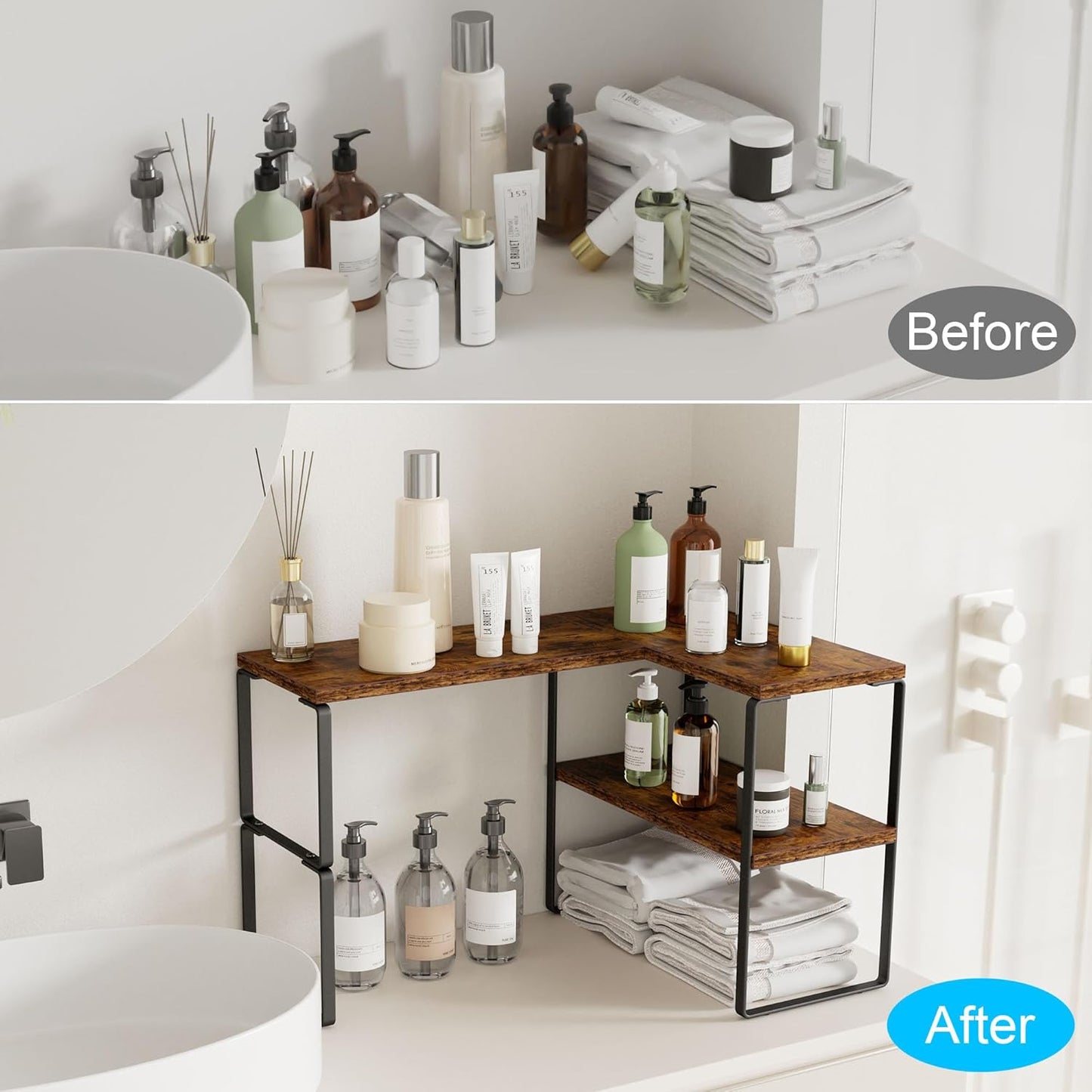 Large Countertop Organizer Corner Shelf, 2 Tier Adjustable Stackable Corner Shelves for Kitchen, Bathroom, Spice Rack, Coffee Area, Over Sink, Dresser Table, Corner Counter Shelf Stand, Rustic Brown