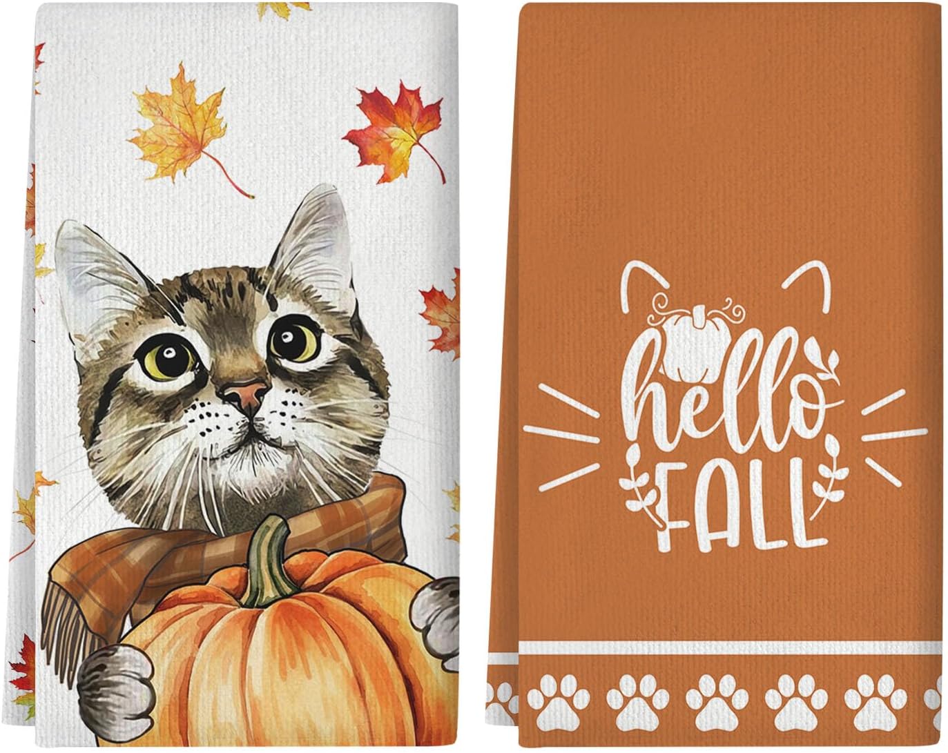 Fall Kitchen Towels Cat Pumpkin Maple Leaves Dish Towels Autumn Harvest Kitchen Decoration Hand Towels Set of 2, 18x26 Inch