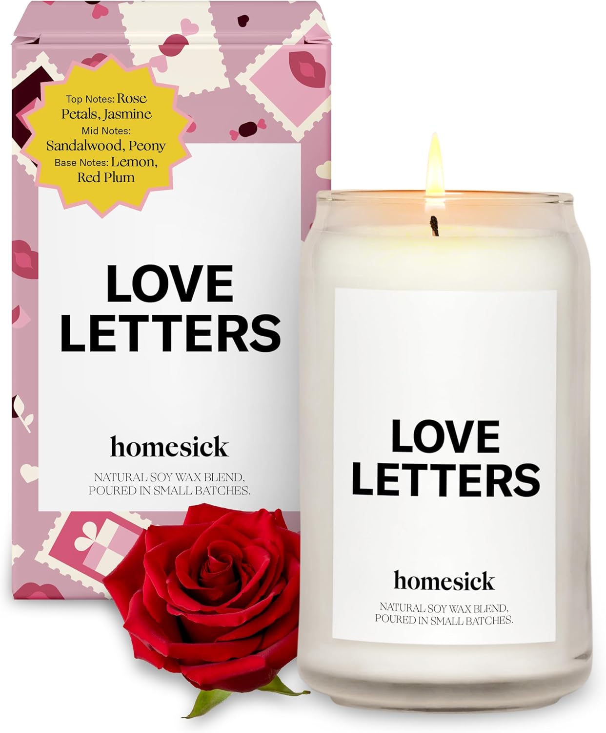 Homesick Scented Candles for Home (Love Letters) - 13.75 oz Natural Long-Lasting Soy Wax Blend Jar Candle Gifts for Women & Men, 60-80 Hours Burn Time - Notes of Rose, Jasmine & Peony