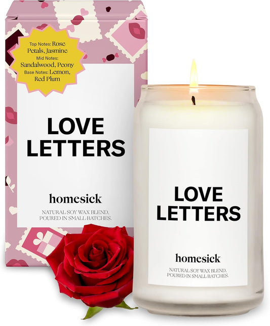 Homesick Scented Candles for Home (Love Letters) - 13.75 oz Natural Long-Lasting Soy Wax Blend Jar Candle Gifts for Women & Men, 60-80 Hours Burn Time - Notes of Rose, Jasmine & Peony
