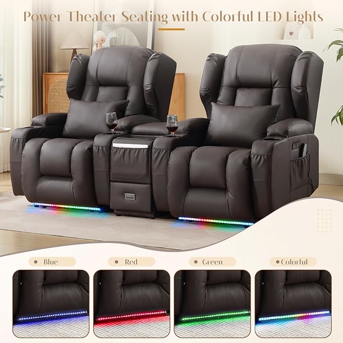 Wall Hugger Power Recliner Chair, Home Theater Seating Electric Recliing Sofa with Massage & Heat, Cup Holder, USB Port, LED Ambient Light, Storage for Living Room (Brown, 2 Chairs + Console)