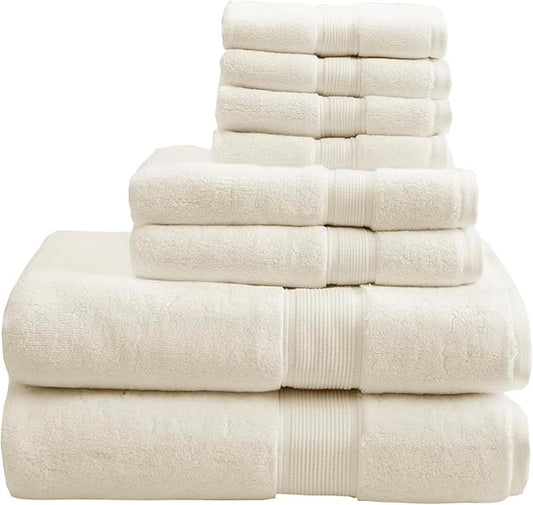 Madison Park 800GSM 100% Cotton Luxury Bathroom Towels , Long Oversized Linen Cotton Bath Towel Set , 8-Piece Include 2 Bath, 2 Hand & 4 Wash, Cream