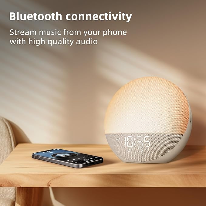 Sunrise Alarm Clock White Noise Machine: Natural Wake Up Light - Dimmable Clock with Bluetooth Speaker for Bedroom - 25 Sleep Sounds for Baby Adults Kids Putty