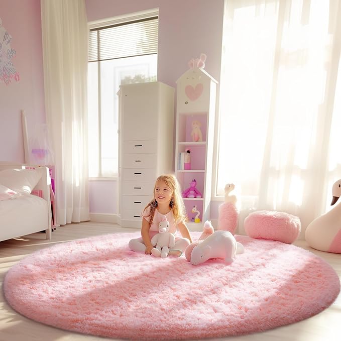 Ophanie Round Rugs 6Ft Pink Circle Area Rug, Fluffy Fuzzy Bedroom Carpet, Plush Soft Shaggy Indoor Floor Kawaii Living Room Rugs for Kids, Cute Room Decor for Teen Girls Home Decor Aesthetic, Nursery
