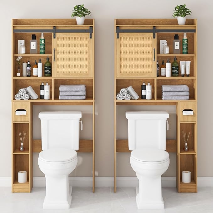 Over The Toilet Storage Cabinet, Farmhouse Rattan Storage Cabinet Over Toilet with Sliding Doors & Toilet Paper Holder Stand, Home Space-Saving Toilet Rack, for Bathroom, Laundry(Rattan Oak).