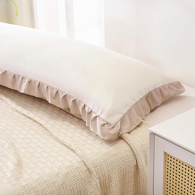 Merryword Beige Body Pillow Cover 20x54inches White and Beige Reversible Long Pillowcase Ruffled Body Pillowcases Cute Pillowcase Pillow Sham (1 Body, White Beige)