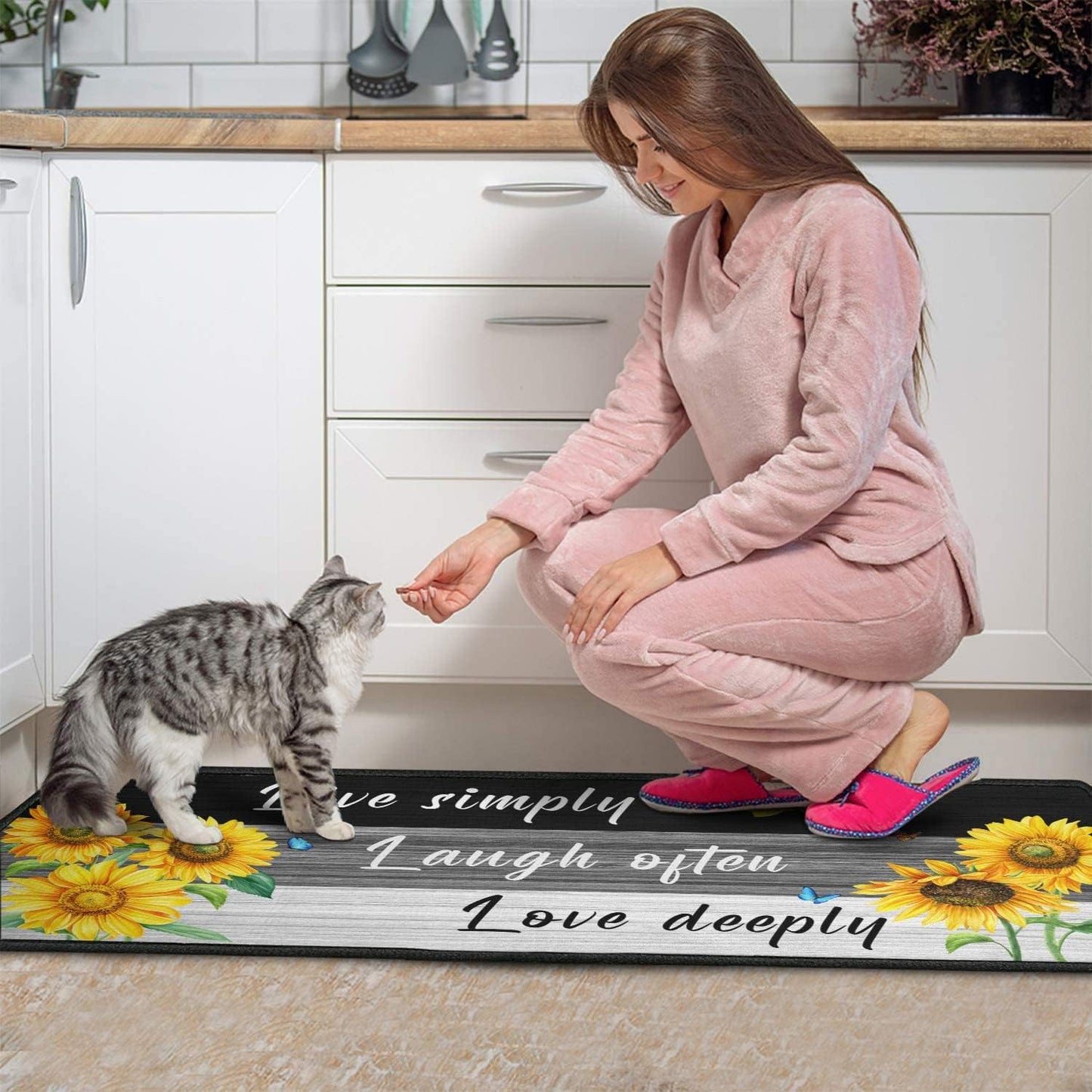 2 Piece Sunflower Kitchen Decor Rugs Set, Farmhouse Country Kitchen Rugs and Mats Non Skid Washable Absorbent Microfiber Kitchen Accessories Decoration Floor Mats 17"x47"+17"x30"