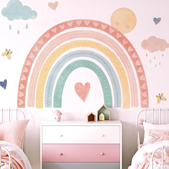 Large Watercolor Rainbow Wall Decals, Boho Sun Clouds Peel and Stick Fabric Nursery Wall Decor, Home Room Wall Decor Murals Stickers for Kids Girls Toddler Bedroom Living Room Playroom
