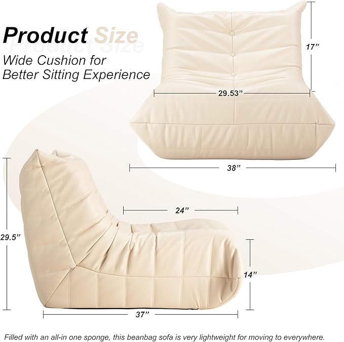 Hobestluk Giant Bean Bag Chair Lazy Floor Sofa, Memory Foam Fireside Sofa for Adults, Big Beanbag Faux Leather Armless Chair for Living Room Bedroom Dorm Office (Beige, Single)