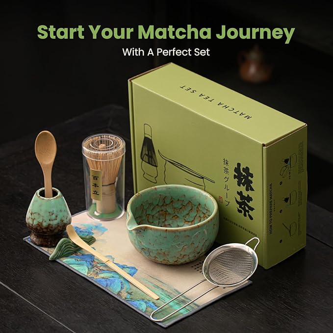 Matcha Whisk Set, Green Matcha Set (9 Pcs) Includes Matcha Bowl, Whisk & Holder, Scoop, Sifter, Spoon, Scoop Rest, Tea Mat, Hand Book - Ideal Ceramic Matcha Kit for Matcha Lovers