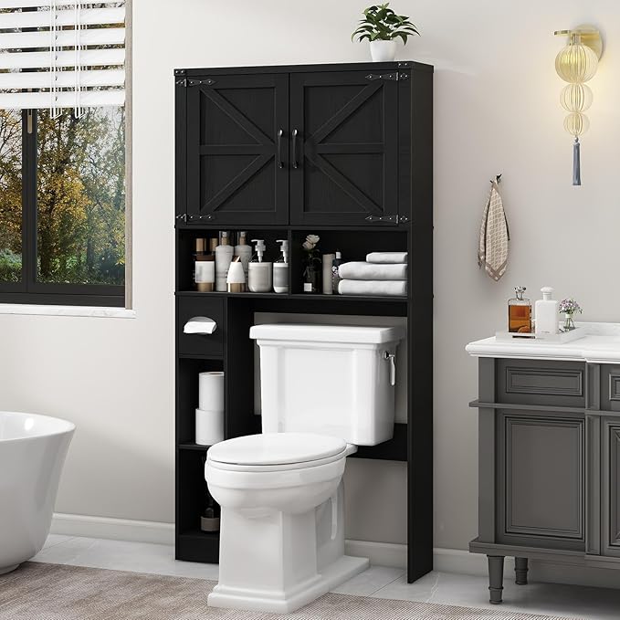 Over The Toilet Storage Cabinet, Farmhouse Storage Cabinet Over Toilet with 2 Barn Doors && Toilet Paper Holder Stand，Home Space-Saving Toilet Rack, for Laundry, Restroom, Bathroom.Pure Black