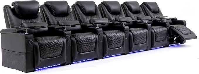 Home Theater Seating Seats, Theater Recliner Chair Sofa Game Movie Theater Chairs with 7 Colors Ambient Lighting, Lumbar Pillow, Side Pocket, Tray Table, Power Recline, Black