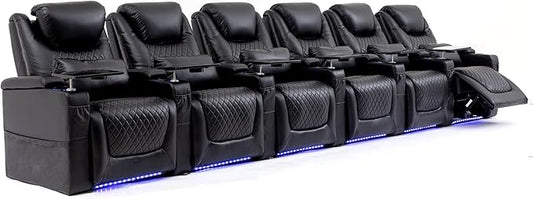 Home Theater Seating Seats, Theater Recliner Chair Sofa Game Movie Theater Chairs with 7 Colors Ambient Lighting, Lumbar Pillow, Side Pocket, Tray Table, Power Recline, Black