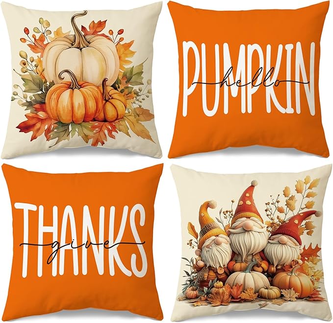 JioJio Chan Fall Pillow Covers 18x18 - Set of 4 Throw Pillow Covers for Sofa Couch, Autumn Thanksgiving Pumpkin Orange Decoration for Home Living Room Bedroom Decor Outdoor Indoor