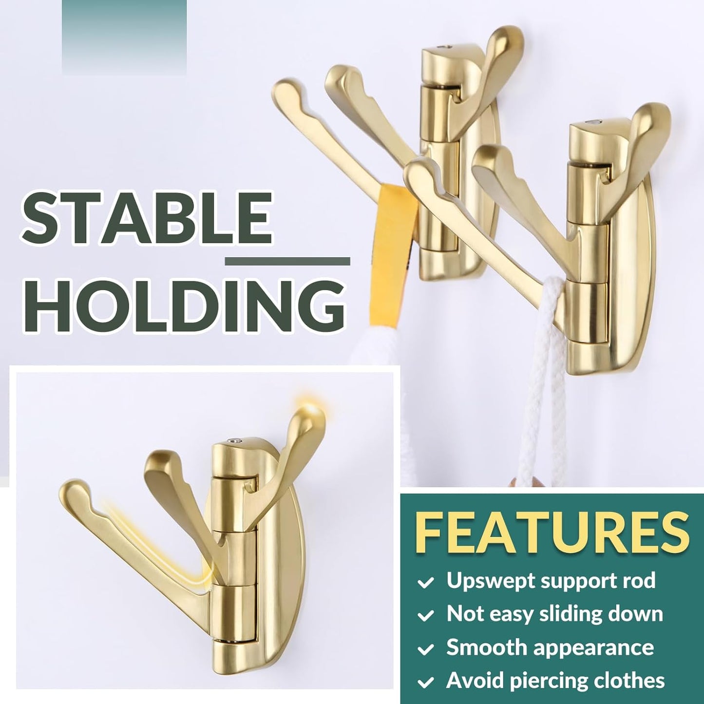 APLusee Swivel Robe Towel Hook 2 PCS Brushed Gold, Metal 3 Arms Folding Clothes Hook, Flexible Bathroom Home RV Storage Holder, Wall Mounted