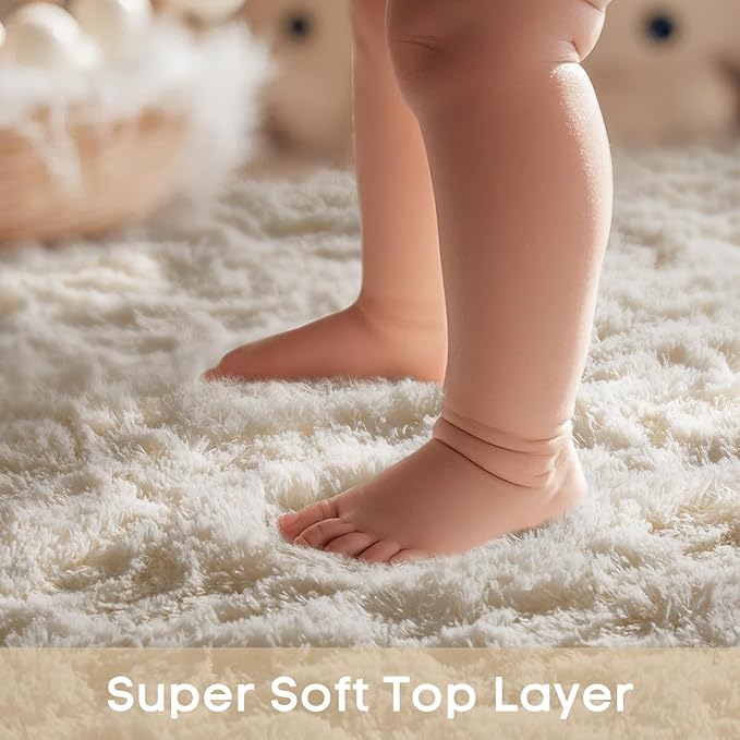 Ophanie Round Rugs 5Ft Ivory Circle Area Rug, Aesthetic Room Decor, Fluffy Fuzzy Bedroom Carpet, Plush Soft Shaggy Cream Living Room Rugs for Kids Home Decor, Nursery