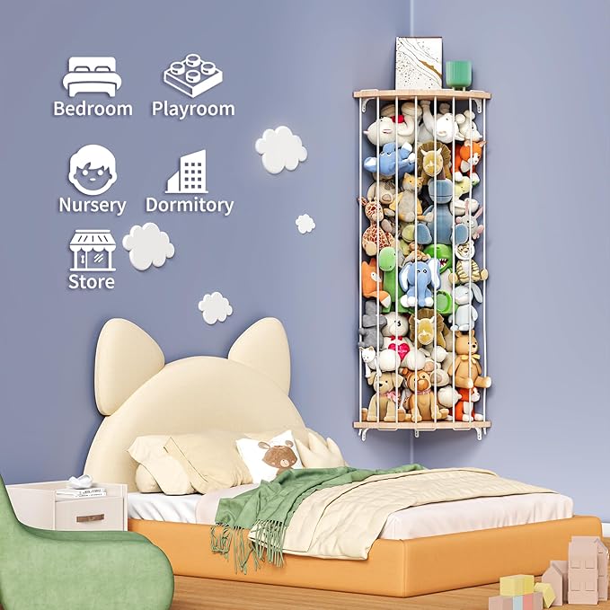 Stuffed Animal Storage & Toy Storage Organizer – Wooden Corner Hammock Shelf for Stuffed Animal Hammock Corner, Nursery, Playroom, Bedroom. Versatile Toy Organizer with Zoo Pattern