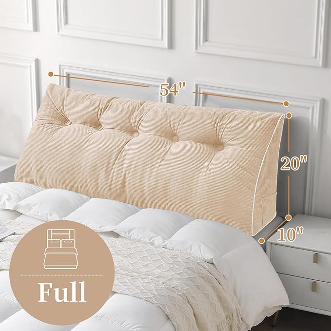 Sasttie Headboard Pillow Full, Wedge Pillow Headboard for Sitting Up in Bed, Back-Rest Support Triangular Cushion for Reading - Features Removable Washable Cover, Beige