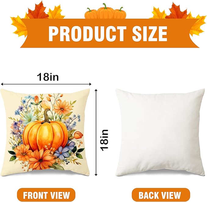 JioJio Chan Fall Pillow Covers 18x18 - Autumn Thanksgiving Pumpkin Throw Pillow Covers for Sofa Couch Set of 4, Hello Pumpkin Hello Fall Decoration for Home Bedroom Living Room Decor Outdoor Indoor